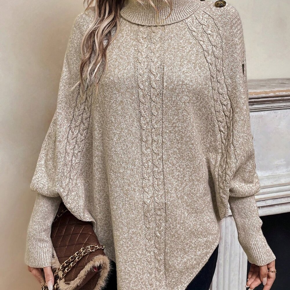 Apricot Casual Women's Turtleneck Batwing Sleeve Button Detail Cable Knit Poncho - Picture 3 of 7